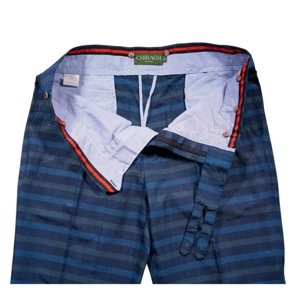 Mens Gurkha Pants 38 Blue Green Plaid Cotton Trousers Straight Fit Flat Front